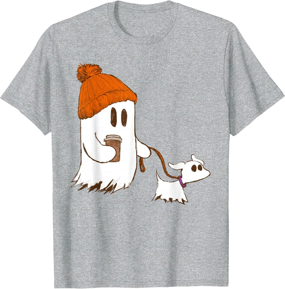 Cute Ghost Dog Walker Funny Halloween Dog Lover Graphic tee T-Shirt - Heather Grey
