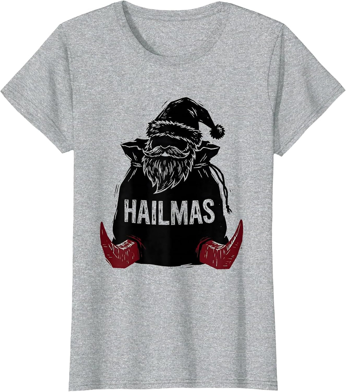 Hailmas Linocut Heavy Metal Santa Claus Rock On Christmas T-Shirt - Heather Grey