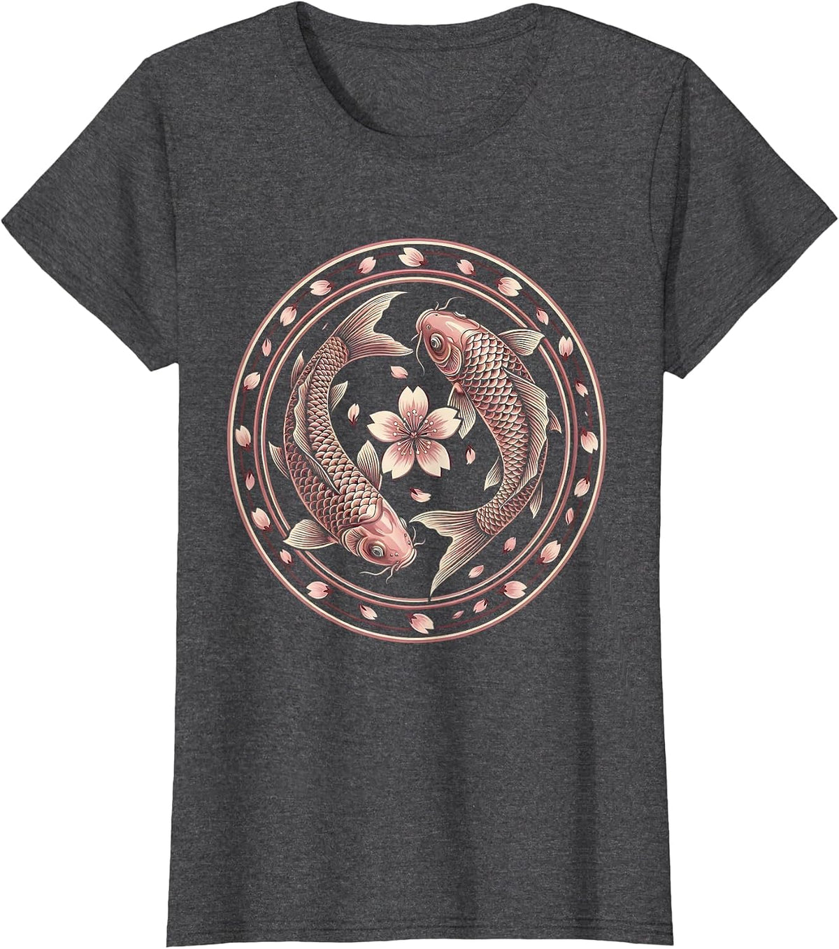 Women's Koi Fish Pink Cherry Blossom Breast Cancer Awareness T-Shirt - Dark Heather Grey
