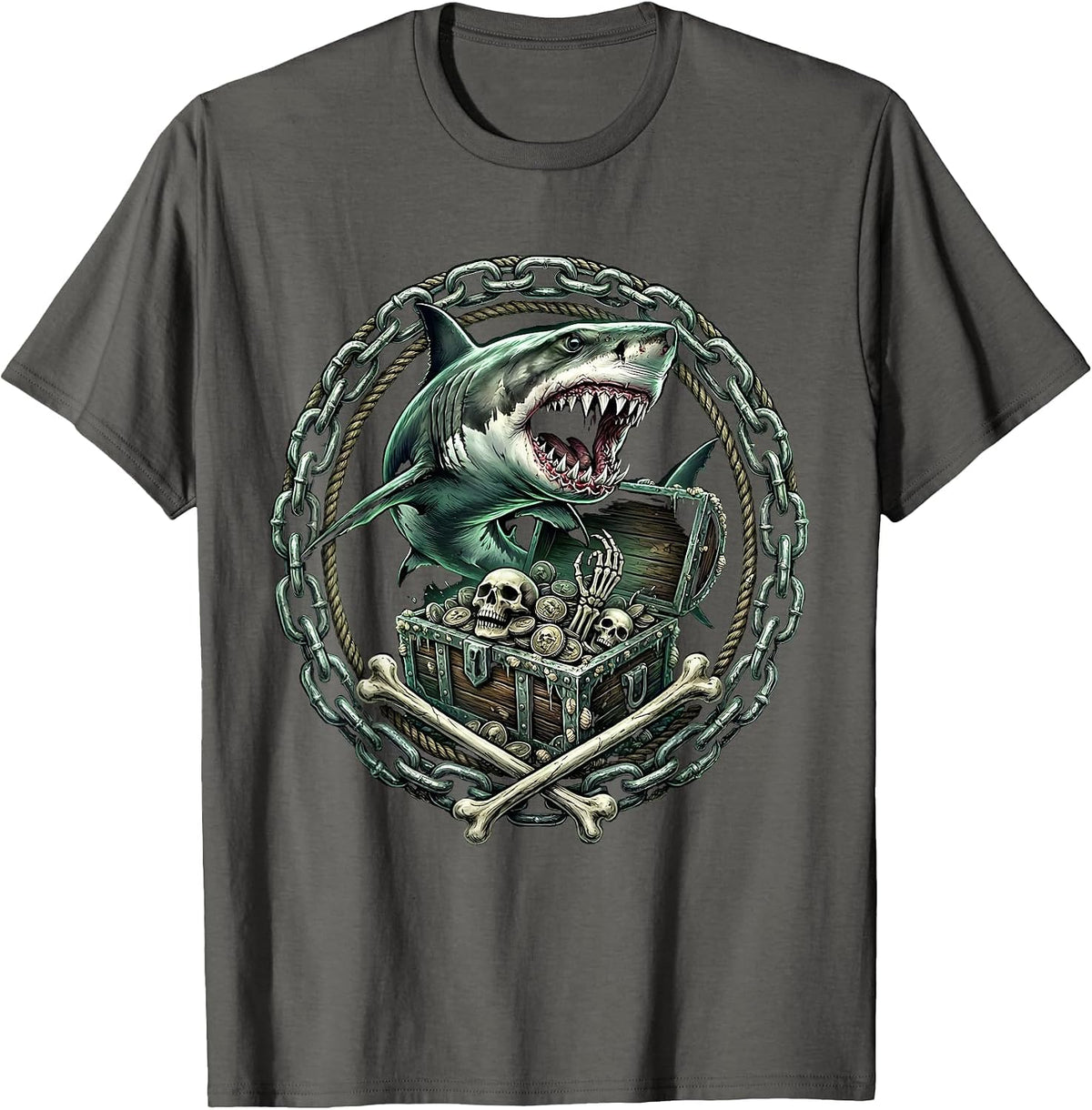 Tiger Shark Coiling Around Treasure Chest T-Shirt - Asphalt Grey