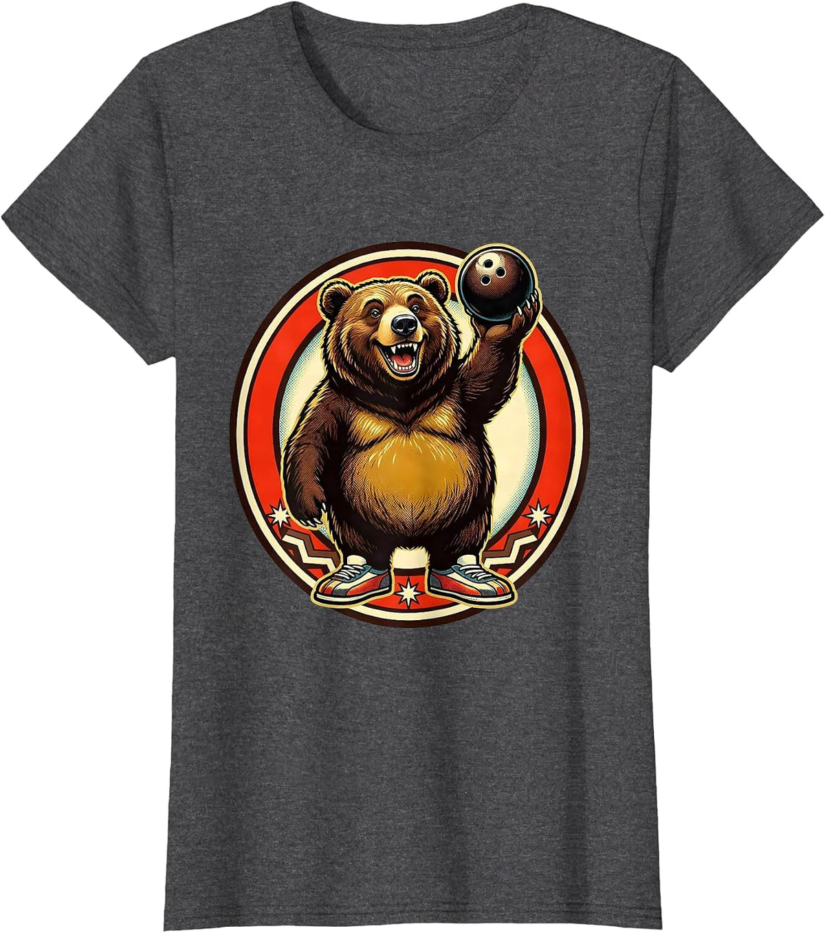 Women's Bear Bowling Illustration Funny Bowling Graphic T-Shirt - Dark Heather Grey