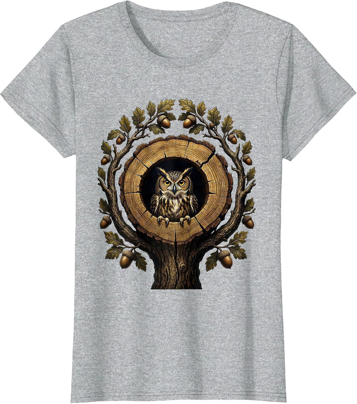 Women's Owl in Tree Hollow Nature Wildlife Illustration T-Shirt - Heather Grey
