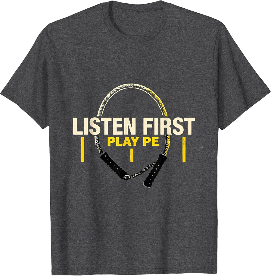 Men's Listen First, Play PE Stencil Graphic PE Teacher Back T-Shirt - Dark Heather Grey