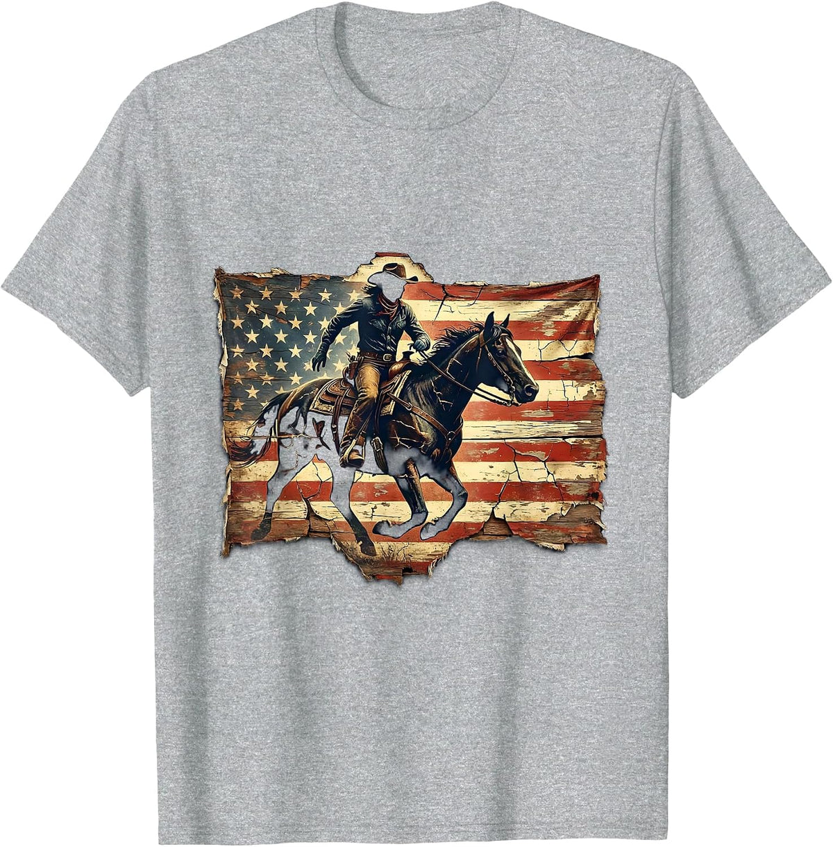 Men's Patriotic Cowgirl Riding Horse at Sunset T-Shirt - Heather Grey