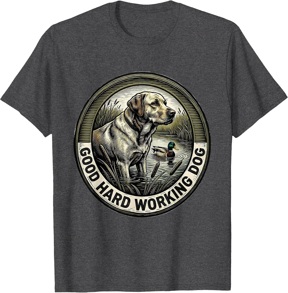Men's Good Hard Working Dog Vintage Labrador Duck Hunting Marsh T-Shirt - Dark Heather Grey