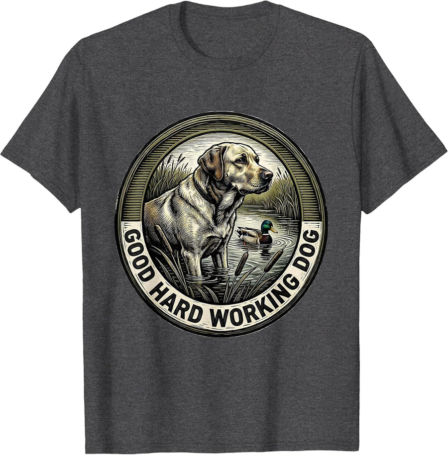 Men's Good Hard Working Dog Vintage Labrador Duck Hunting Marsh T-Shirt - Dark Heather Grey