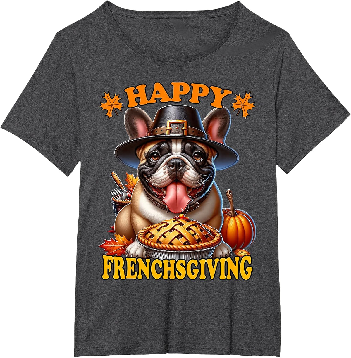 Thanksgiving French Bulldog T-Shirt - Dark Heather Grey