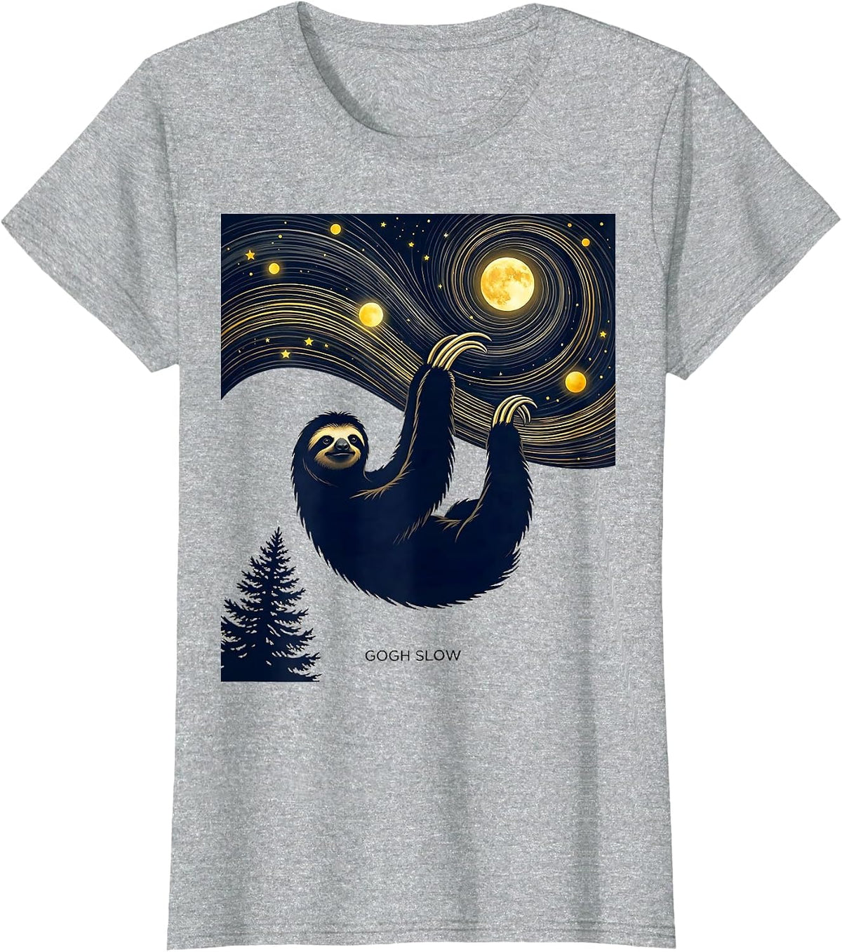 Gogh Slow Silhouette Sloth Art Parody Cat Lover Gift T-Shirt - Heather Grey