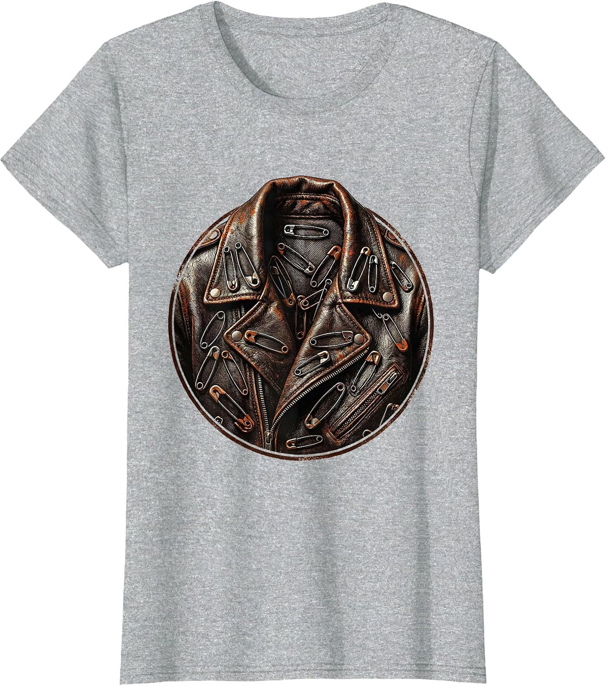 Elder Emo Rusty Safety Pin Leather Jacket Art T-Shirt - Heather Grey