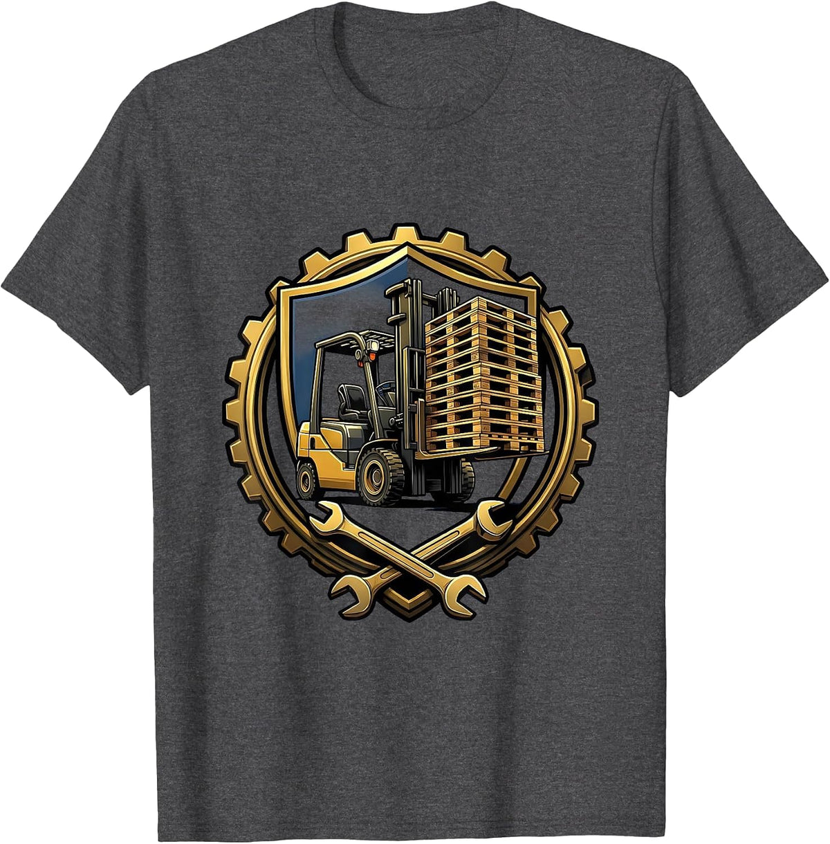 Labor Day Forklift Stacked Pallets Illustration T-Shirt - Dark Heather Grey