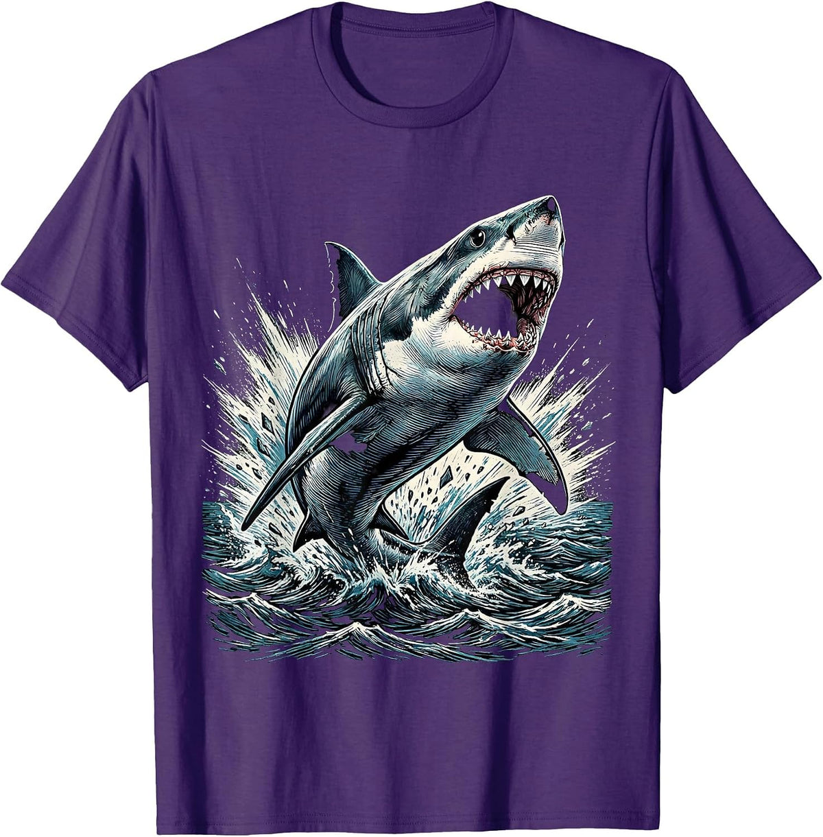 Men's Boys Shark Bursting Through Ocean Surface T-Shirt - Purple