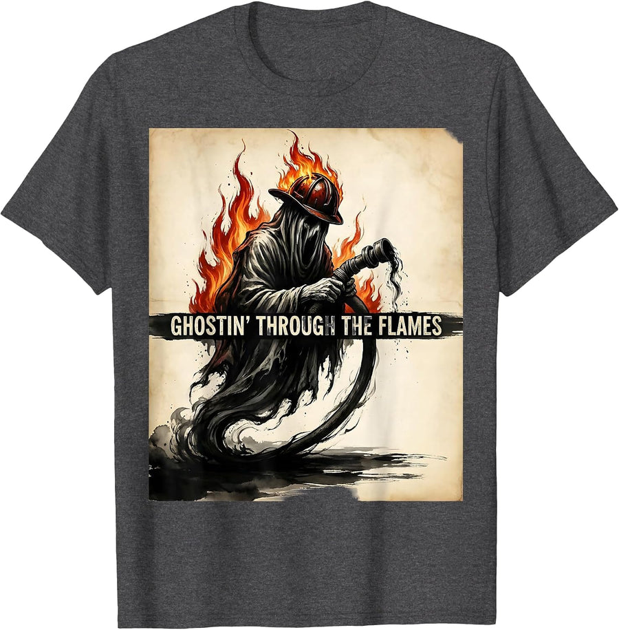 Men's Halloween Firefighter Ghost Ghostin Through the Flames T-Shirt - Dark Heather Grey