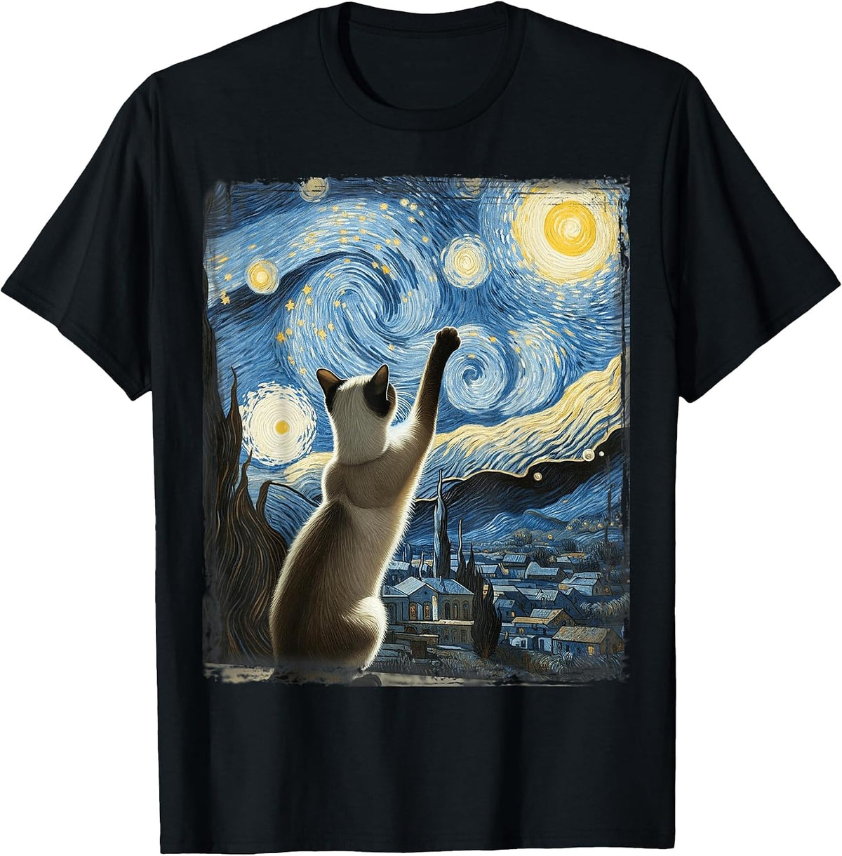 Van Gogh Starry Night Style Artistic Siamese Cat T-Shirt - Black