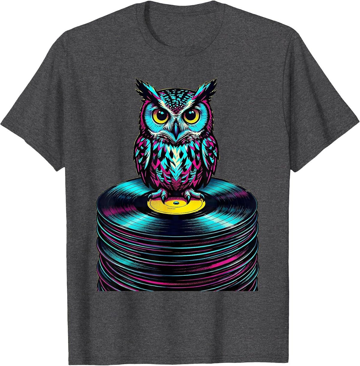 Wise Owl on Vinyl Records Music Lover Art T-Shirt - Dark Heather Grey