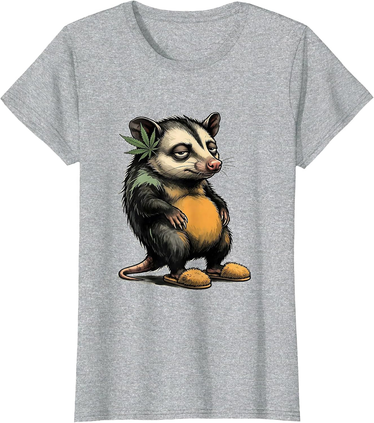 Deadpan Opossum Cannabis Leaf Stoner Humor Mascot T-Shirt - Heather Grey
