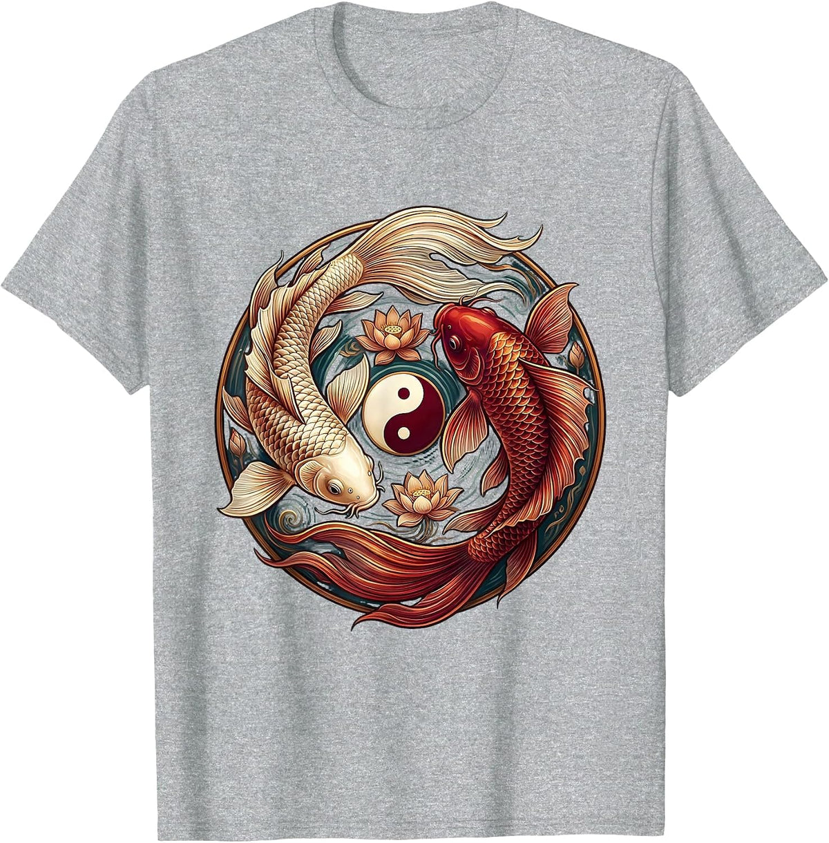 Men's Koi Fish Yin Yang Symbol Spiritual Balance Design T-Shirt - Heather Grey