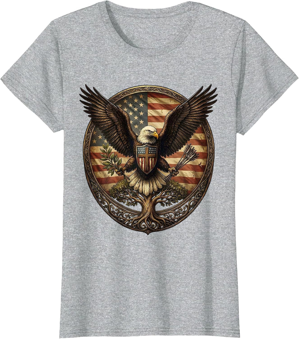 Patriotic Eagle Olive Branch and Arrows Graphic T-Shirt - Heather Grey