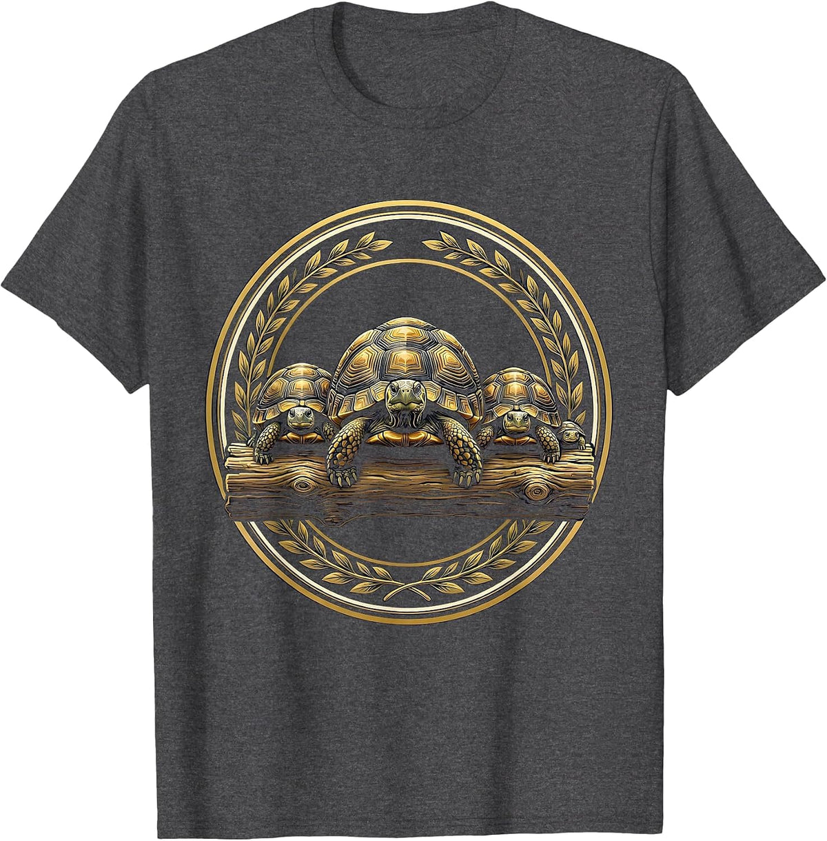 Men's Family of Turtles Stacked on a Log Illustration T-Shirt - Dark Heather Grey