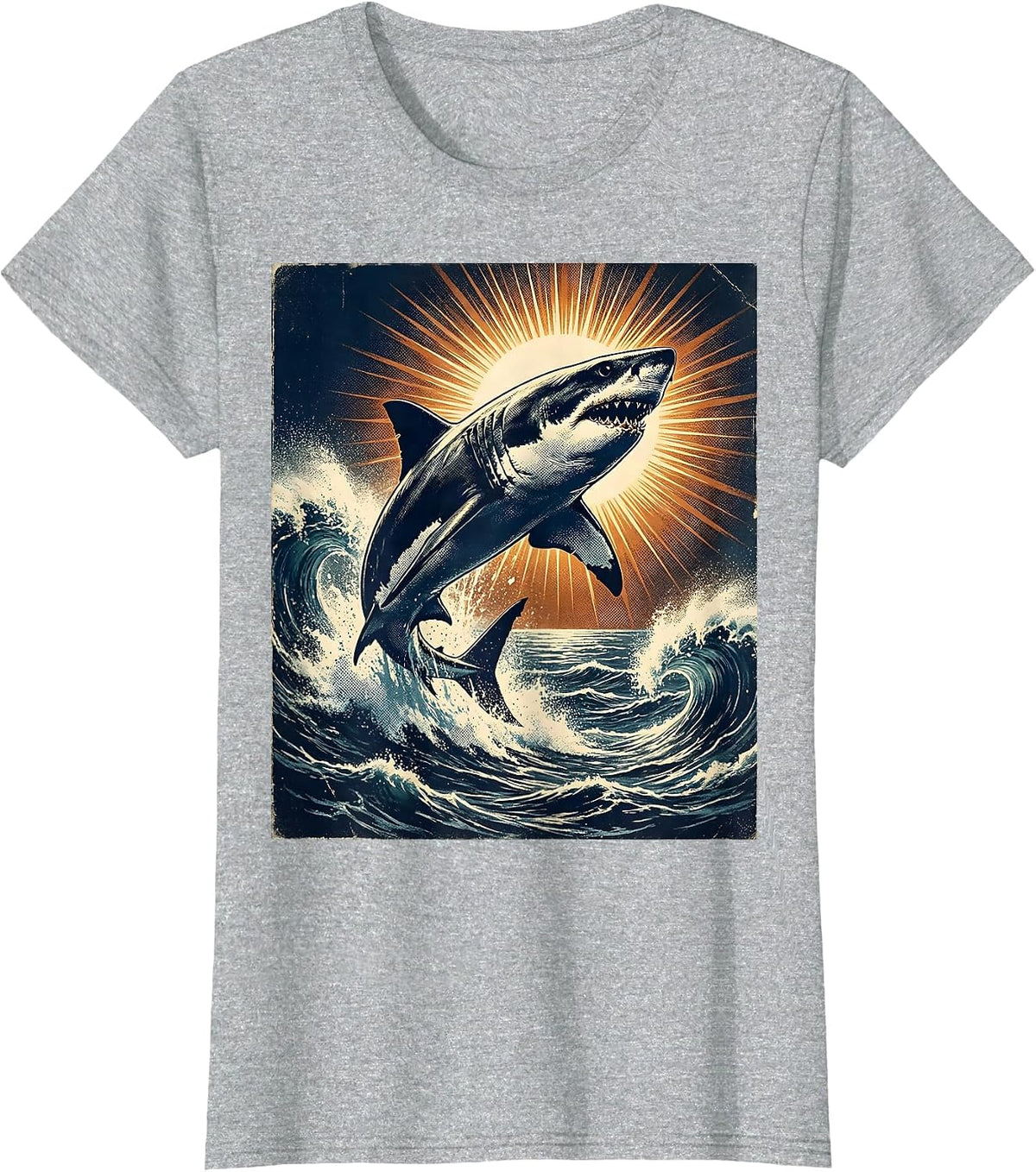 Women's Aloha Great White Shark Leaping Ocean Wave T-Shirt - Heather Grey