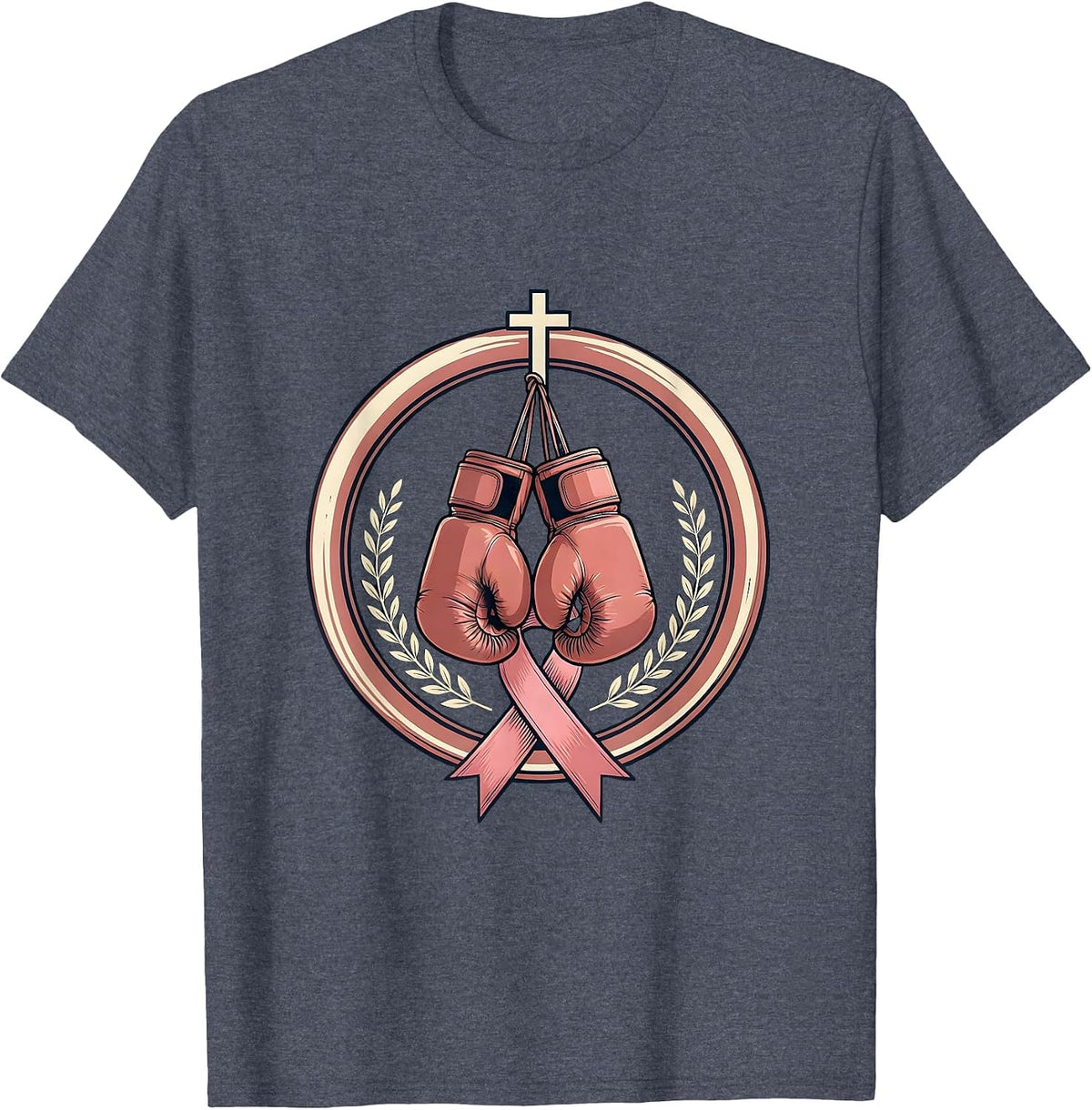 Pink Ribbon Boxing Gloves Breast Cancer Awareness T-Shirt - Heather Blue