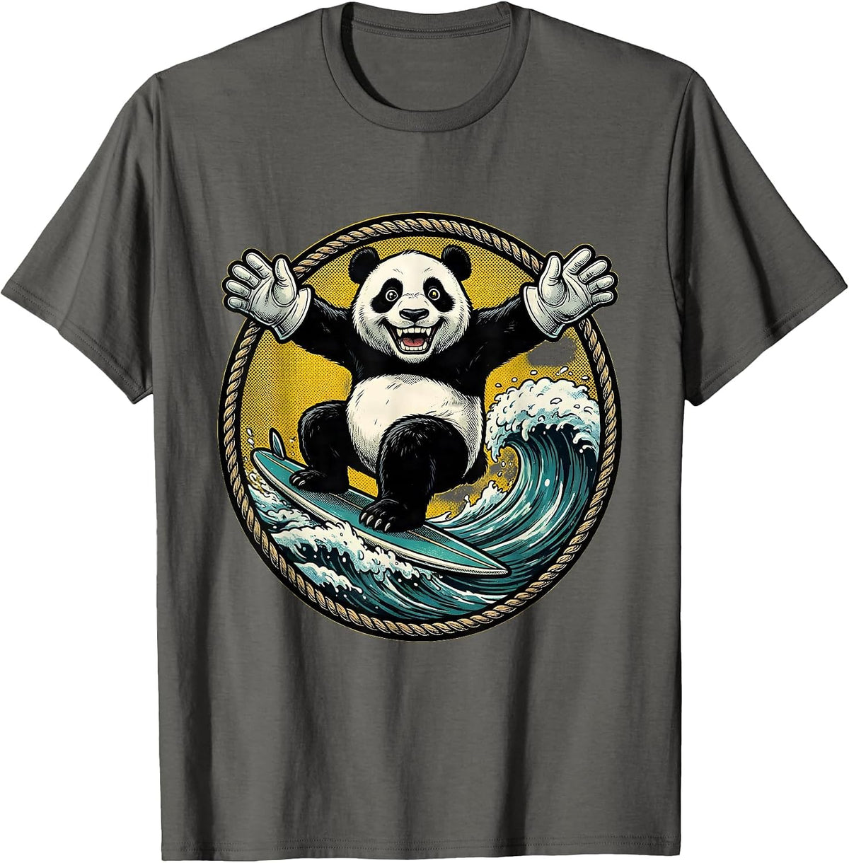 Men's Panda Surfing Ocean Wave Graphic Tee T-Shirt - Asphalt Grey