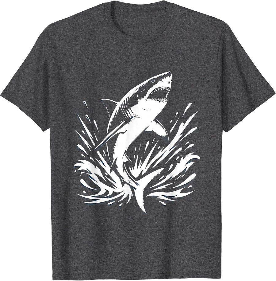 Men's Boys Shark Bursting Through Wave Splash T-Shirt - Dark Heather Grey