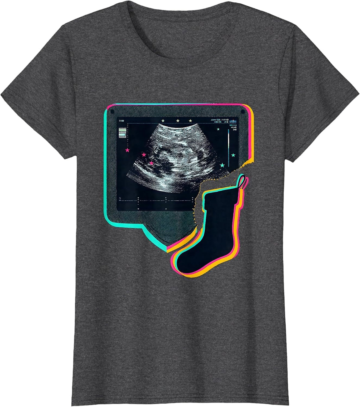 Women's Dark Ultrasound Console Christmas Stocking Sonographer Humor T-Shirt - Dark Heather Grey