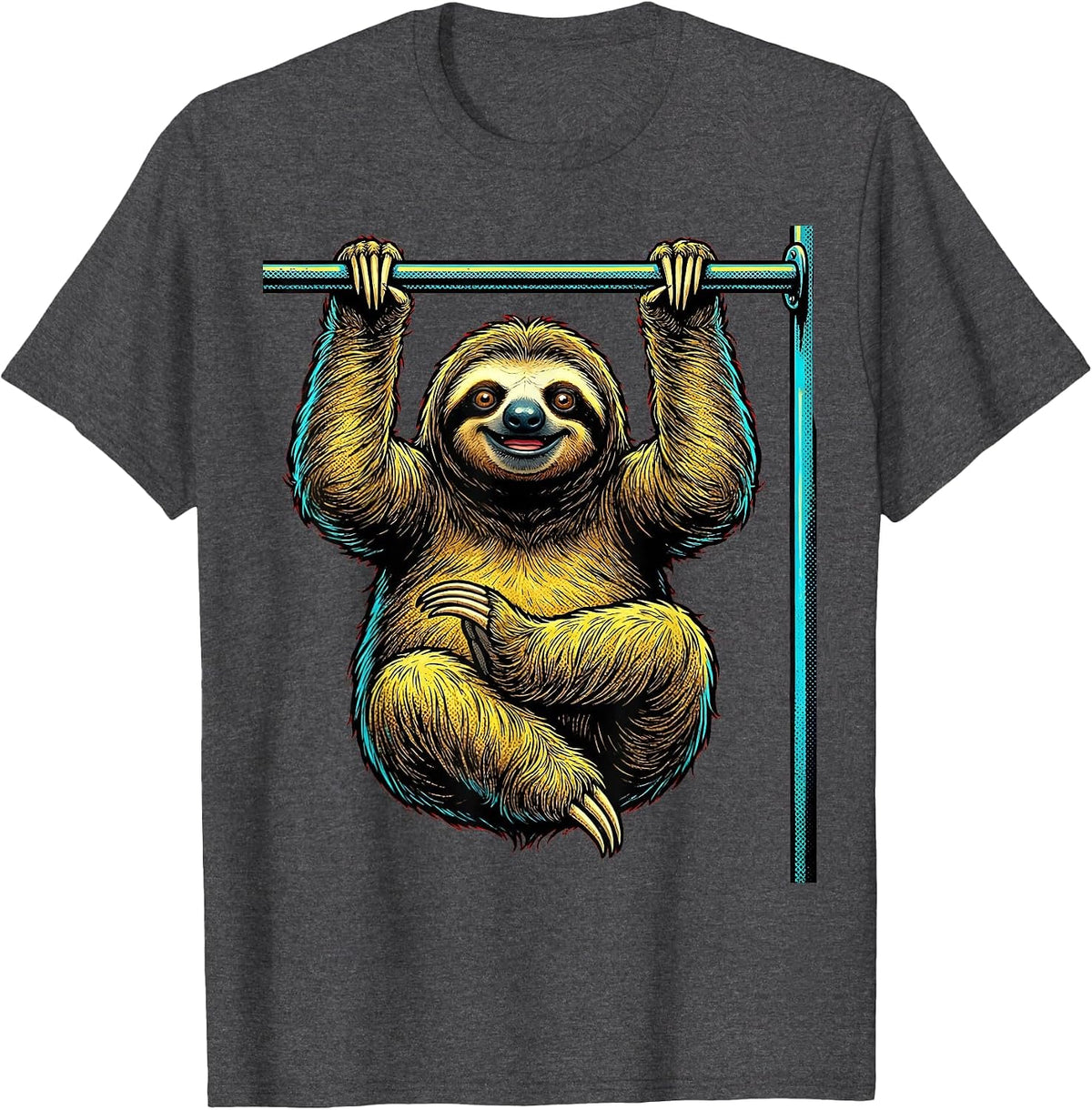 Lazy Sloth Pull-Up Bar Funny Workout Graphic T-Shirt - Dark Heather Grey