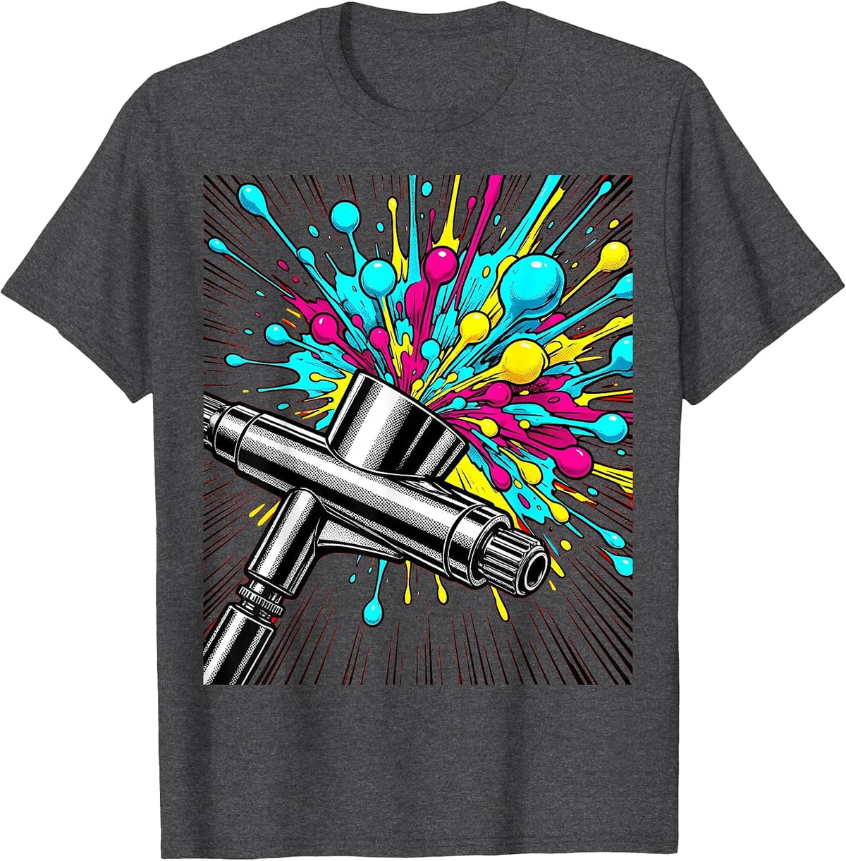 Airbrush Nozzle Close-Up Color Droplets Graphic T-Shirt - Dark Heather Grey