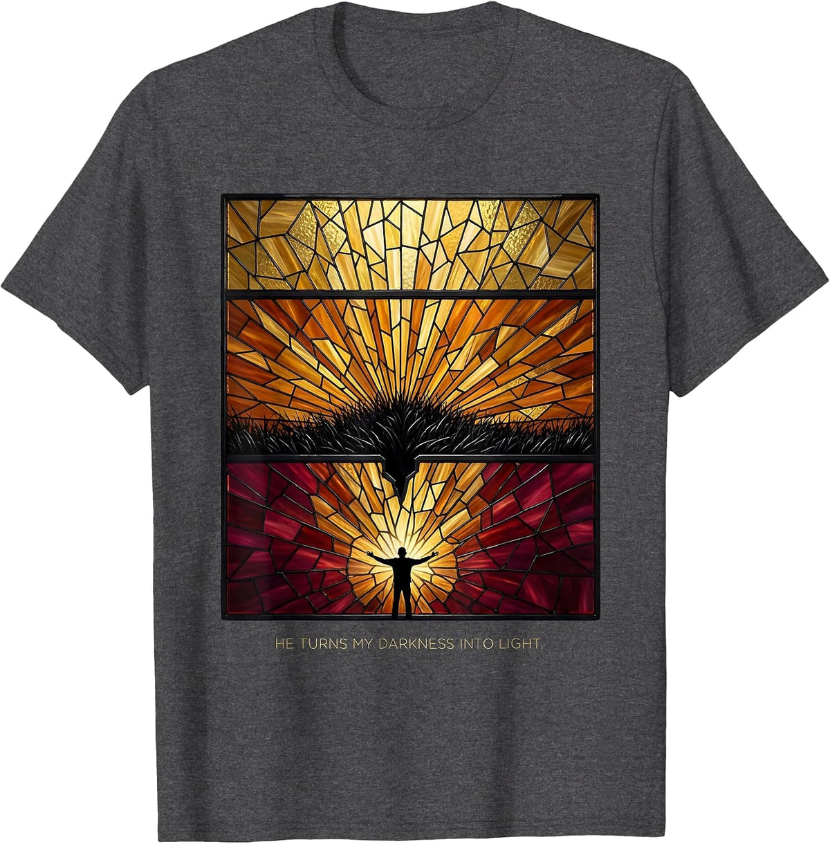 He Turns My Darkness Into Light Stained Glass Mosaic T-Shirt - Dark Heather Grey