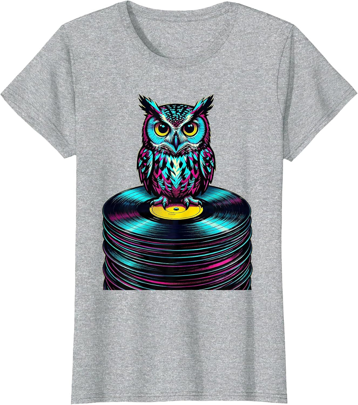 Wise Owl on Vinyl Records Music Lover Art T-Shirt - Heather Grey