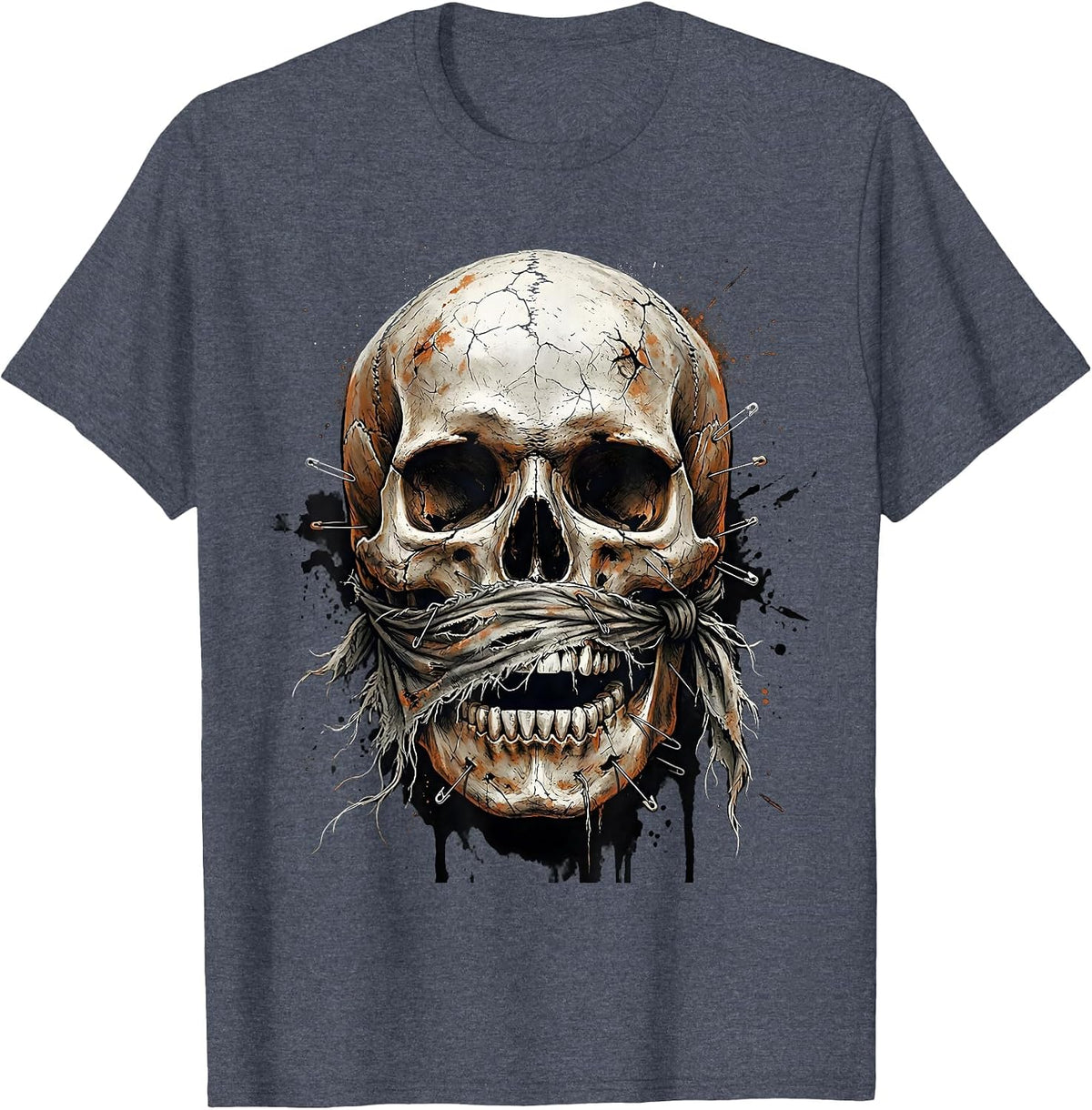 Grunge Skull Torn Bandana Safety Pins Design T-Shirt - Heather Blue