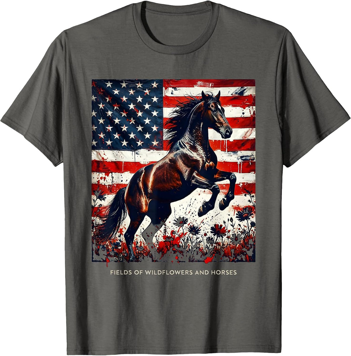 Fields of Wildflowers and Horses Girls Western Design T-Shirt - Asphalt Grey