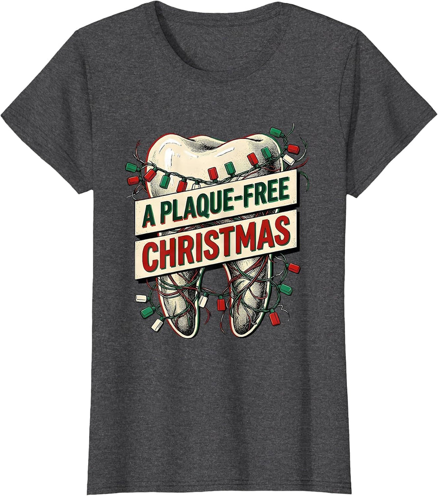 Women's A Plaque-Free Christmas Funny Dentist Dental Hygienist T-Shirt - Dark Heather Grey