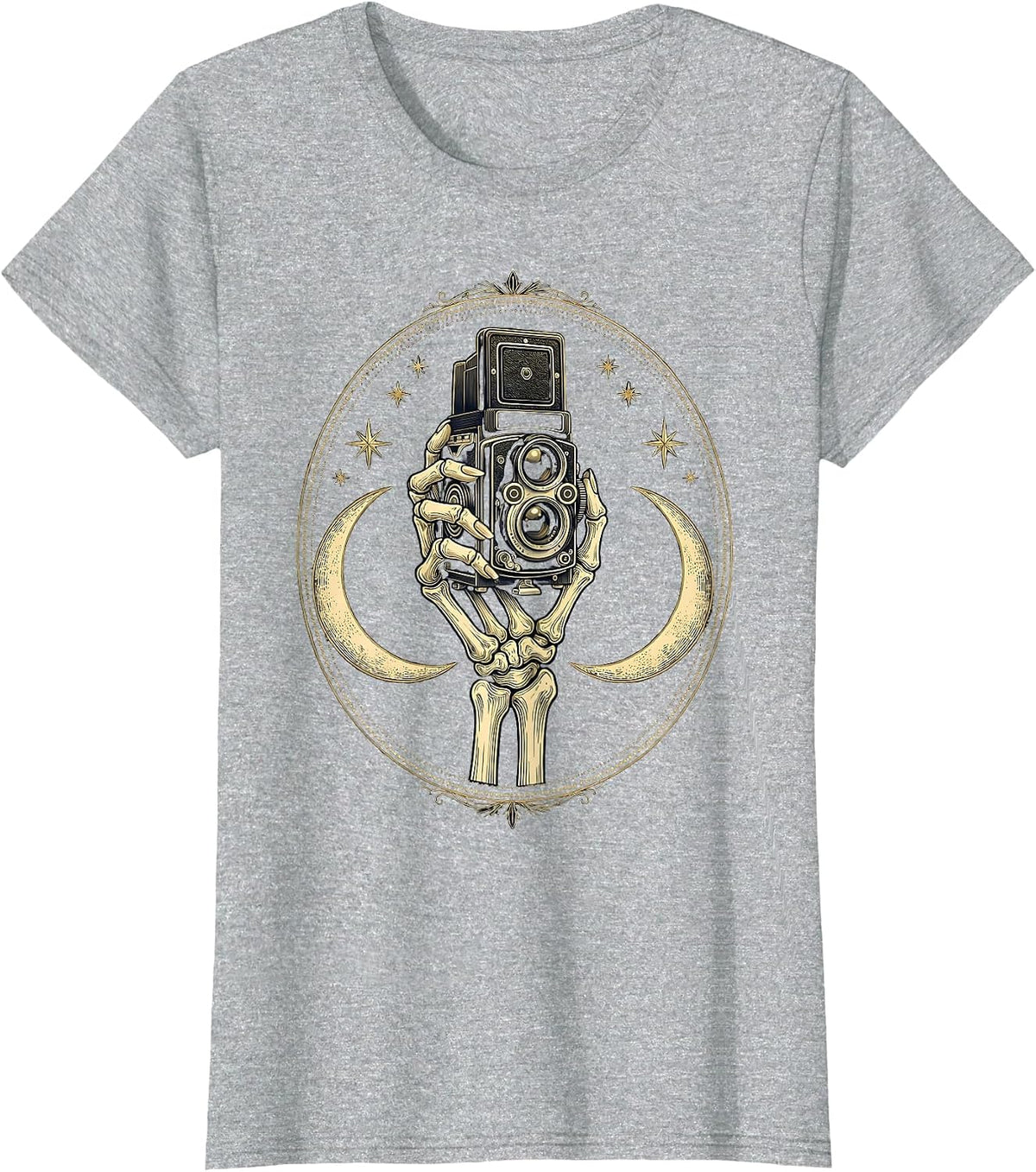 Women's Skeleton Hand Vintage Camera Photography Graphic T-Shirt - Heather Grey