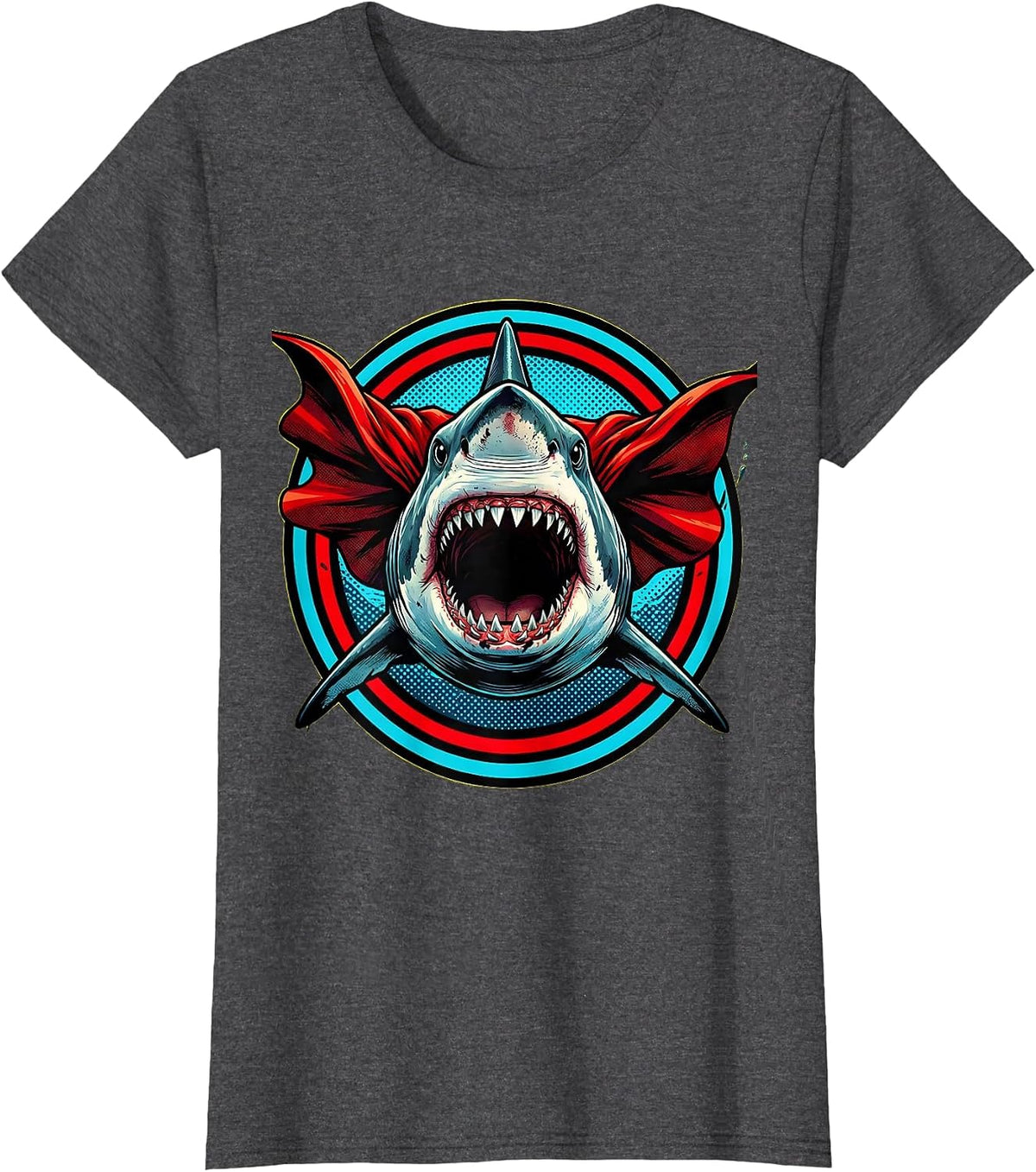 Women's Mommy Shark Superhero Cape Graphic Tee T-Shirt - Dark Heather Grey
