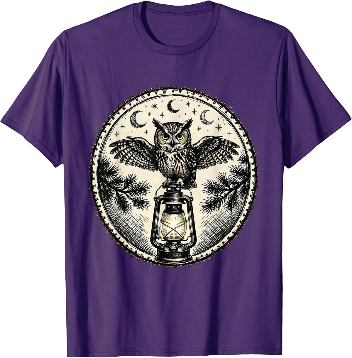 Owl on Lantern Camping Night Illustration T-Shirt - Purple