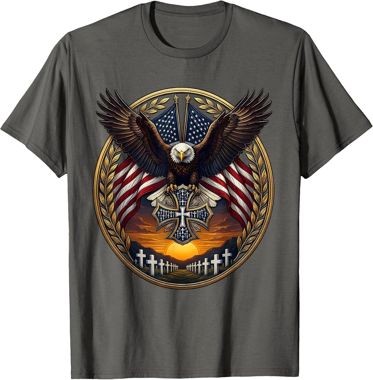 Memorial Crosses at Dusk Veteran Tribute T-Shirt - Asphalt Grey