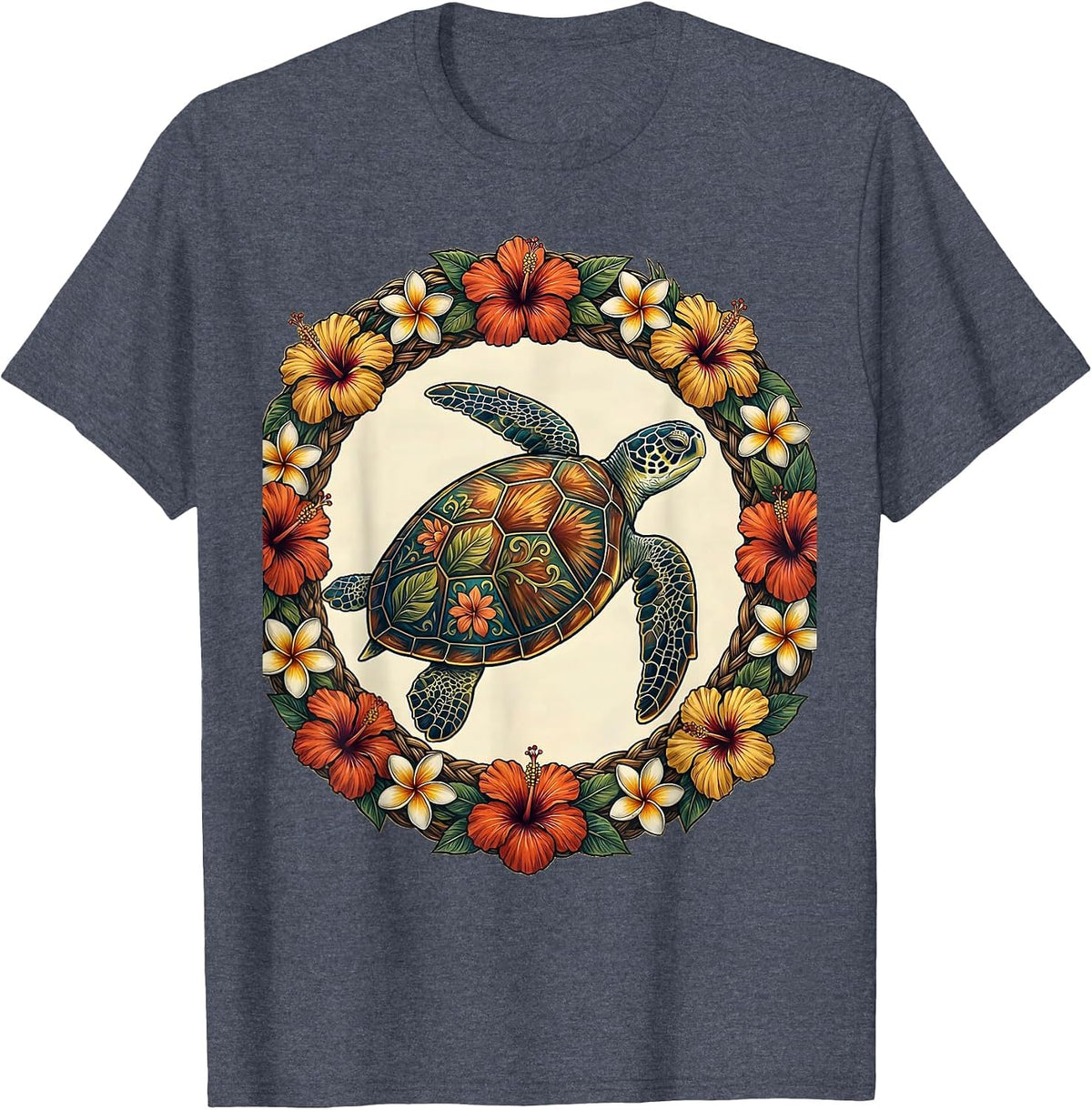 Hawaiian Sea Turtle Floral Shell Graphic T-Shirt - Heather Blue