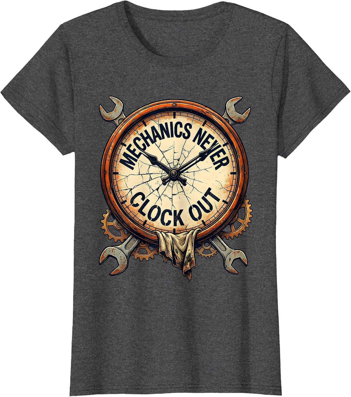Women's Mechanics Never Clock Out Wrench Design T-Shirt - Dark Heather Grey