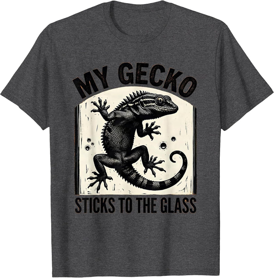 Men's My Gecko Sticks To The Glass Funny Reptile Pet Lover Linocut T-Shirt - Dark Heather Grey