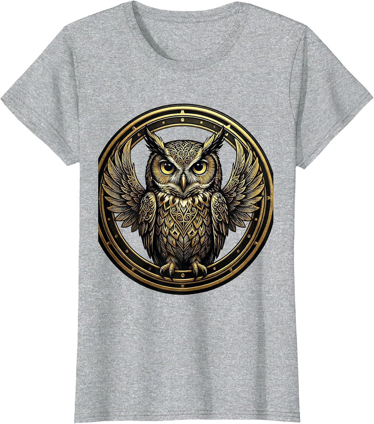 Women's Black Owl Gold Filigree Art Design T-Shirt - Heather Grey