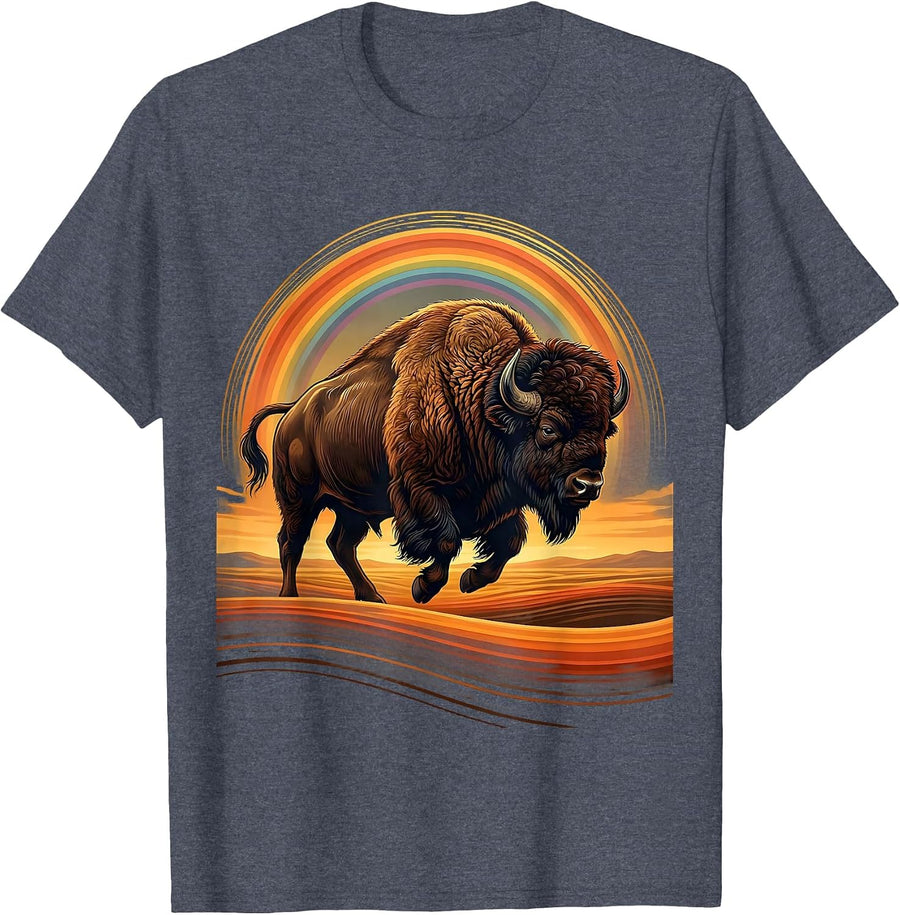 Freedom Buffalo Charging Prairie Long Sleeve T-Shirt - Heather Blue