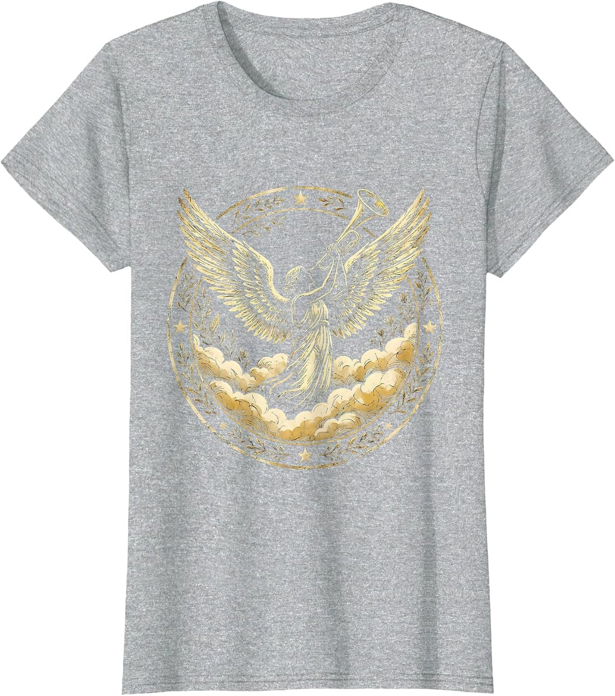 Make Heaven Crowded Trumpet Angel Clouds Design T-Shirt - Heather Grey