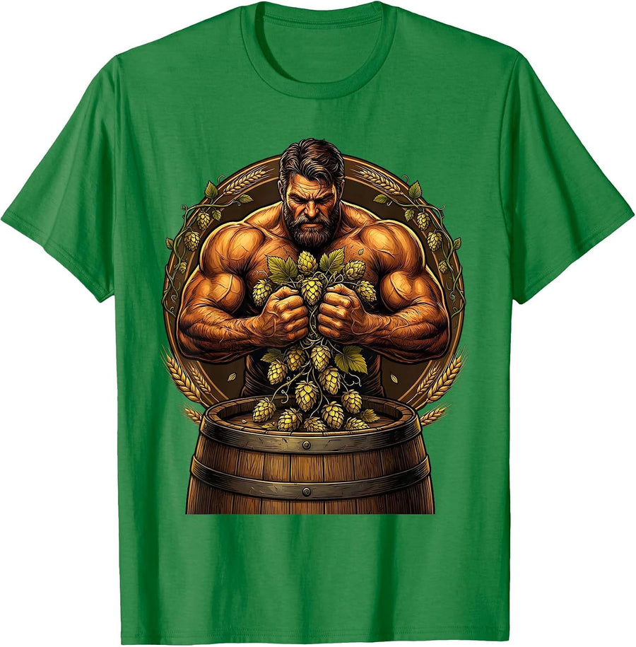 Men's Craft Beer Brewer Squeezing Hops Into Barrel T-Shirt - Kelly Green