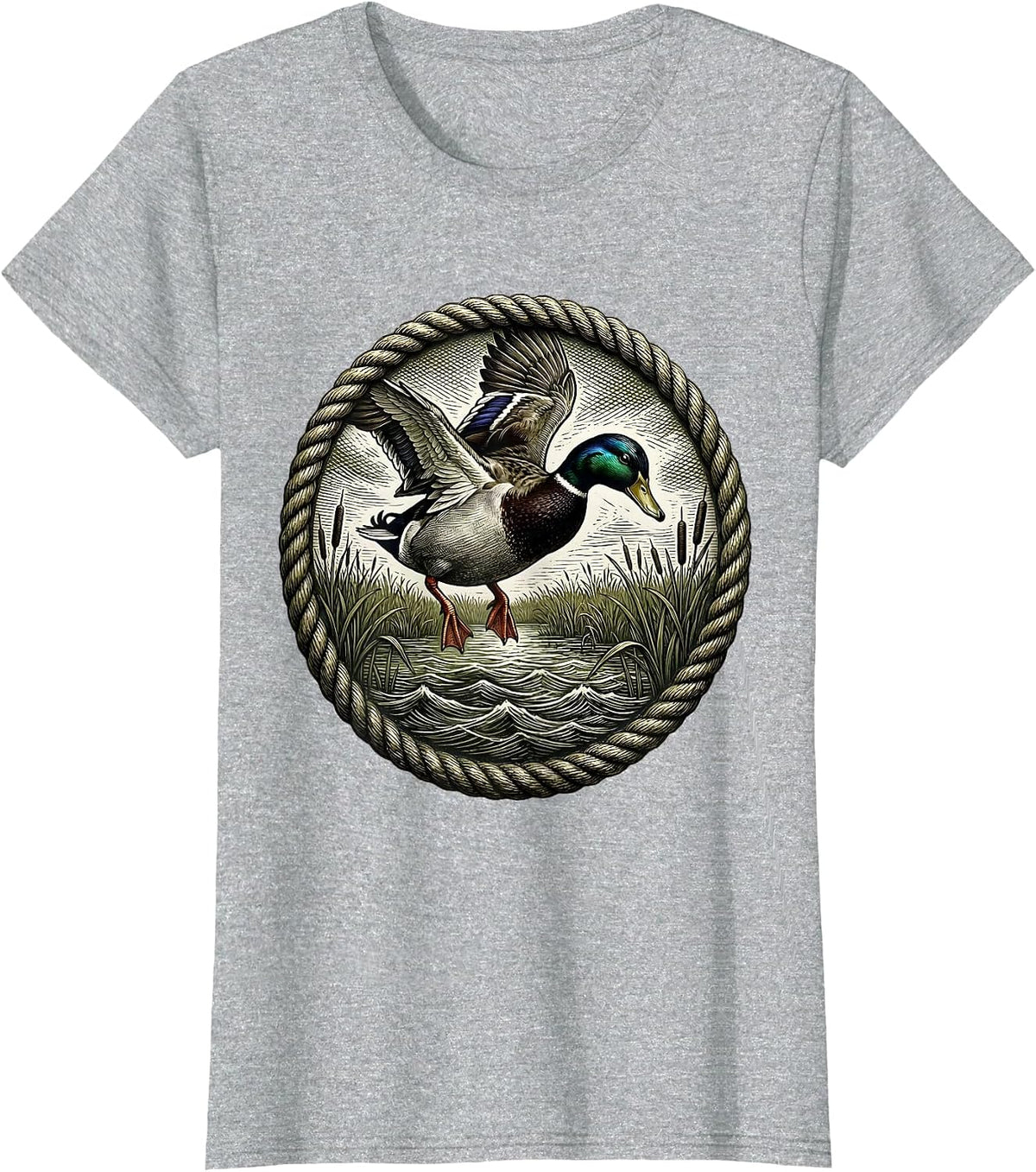 Women's Mallard Duck Descending Camo Hunting Design T-Shirt - Heather Grey