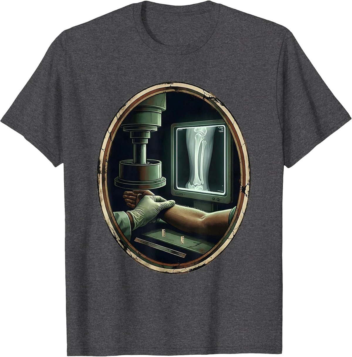 Men's Radiology Tech Vintage Gloved Hand X-Ray Humor T-Shirt - Dark Heather Grey