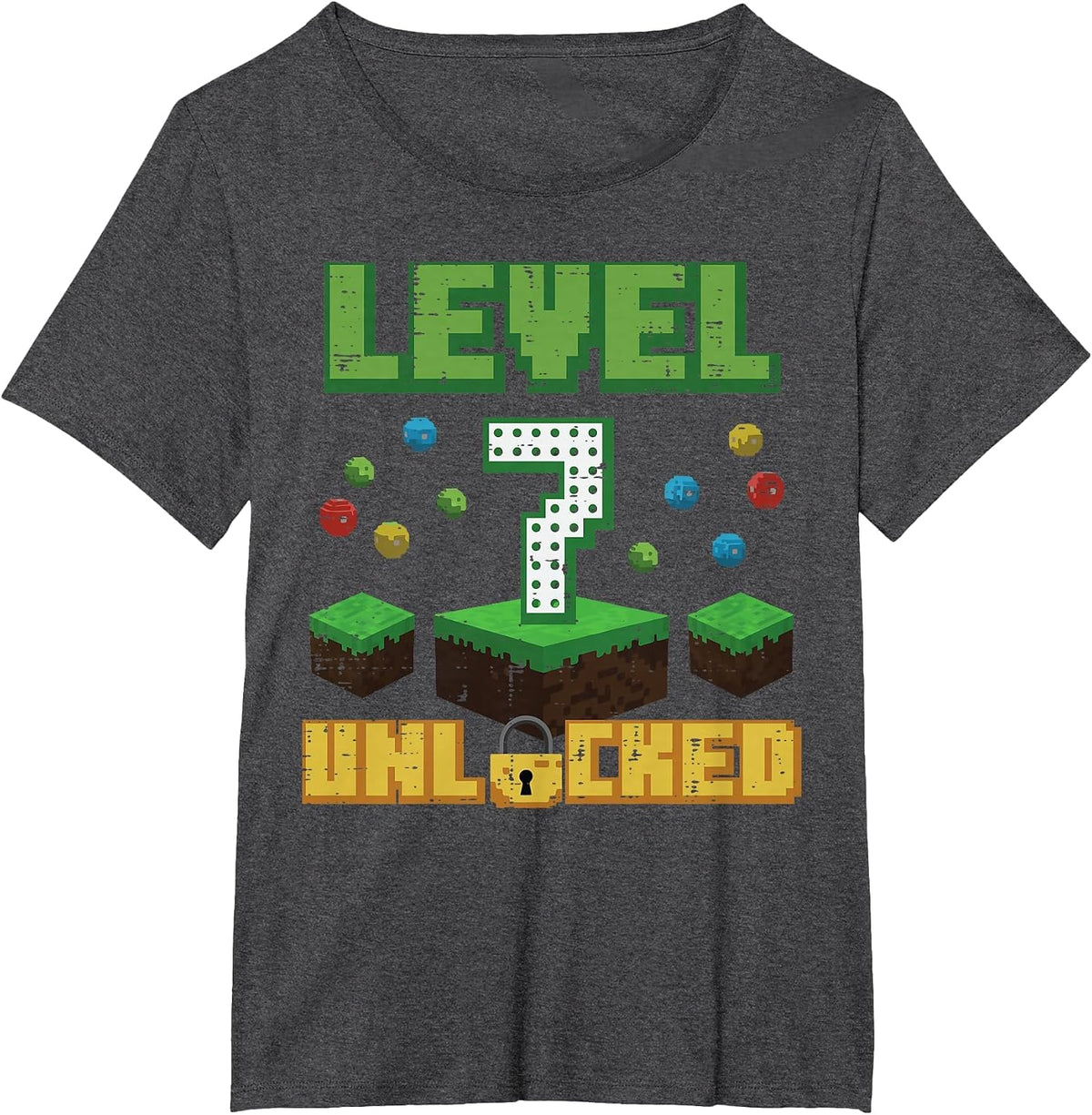 Level 7 Unlocked Pixel Gamer 7th Birthday Gaming Boys Kids T-Shirt - Dark Heather Grey