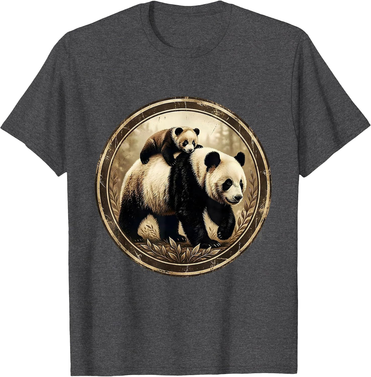 Mama Panda Carrying Cub Cute Wildlife Design T-Shirt - Dark Heather Grey