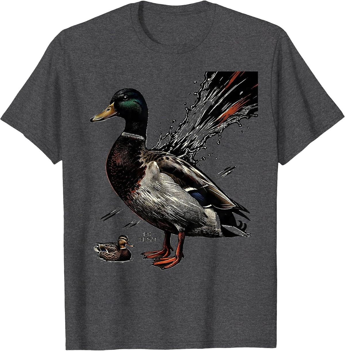 Duck The Panic Linocut Funny Duck Hunter Gift T-Shirt - Dark Heather Grey